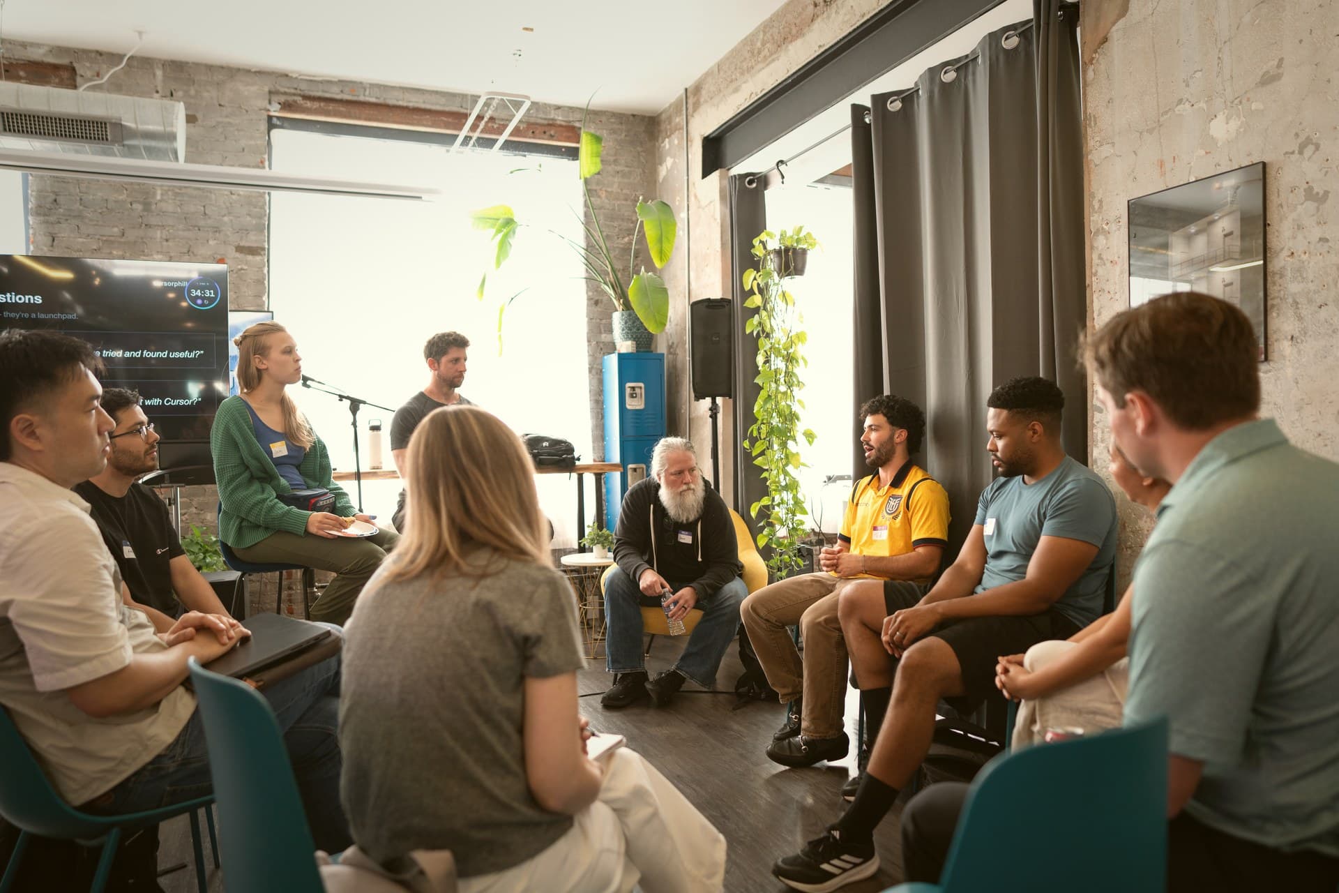 Think-Pair-Share breakout circle with prompts on screen